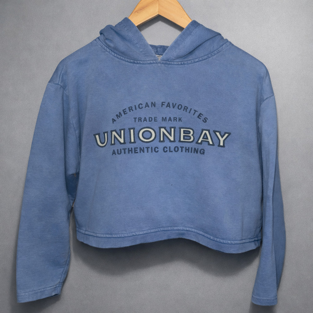 VTG 90s Y2K UNIONBAY Logo Cropped Hoodie Sweatshirt Pullover Blue Cotton USA S